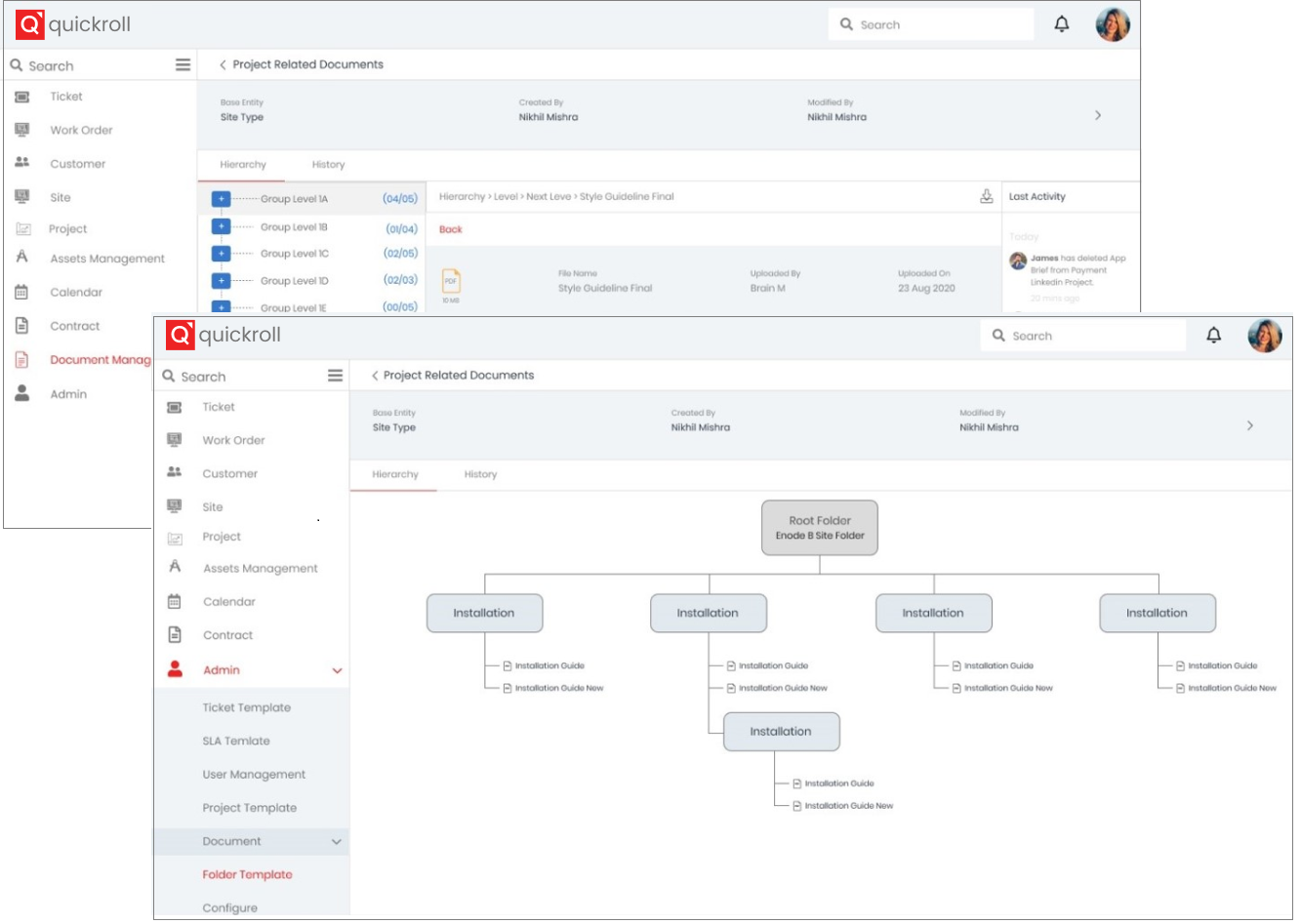 Quickroll interface showing project-related documents management with a hierarchy view and file details, including modification history.