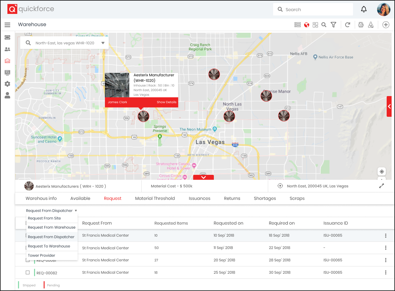 Interactive map interface showing asset and inventory locations and details within Quickroll's warehouse management system.