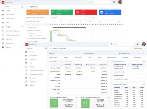 Dashboard view of project management with Gantt chart and detailed project summary, showcasing planned and actual progress, blockers, and key project metrics.