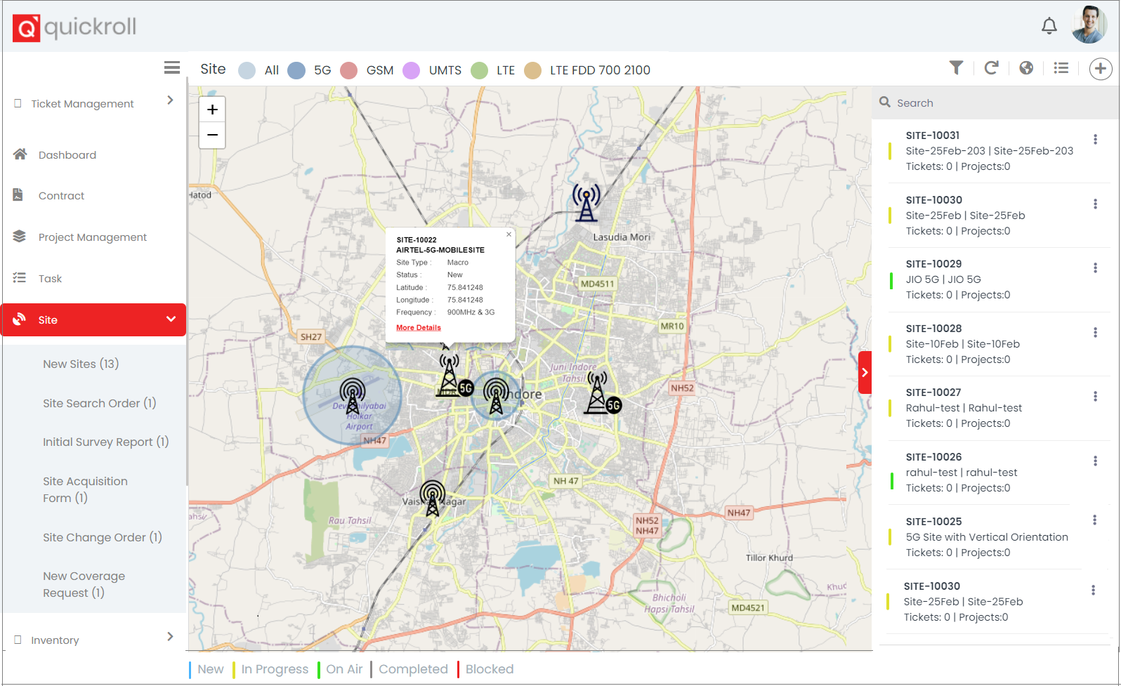 Map-based interface of Quickroll showing tower management with details on new and existing sites, including 5G, GSM, UMTS, LTE, and LTE FDD 700 2100 networks.