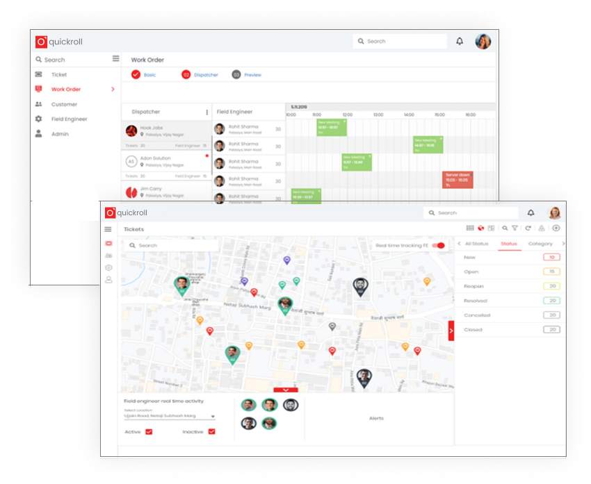 Workforce management interface displaying work order scheduling and real-time field engineer activity on a map for effective task management.