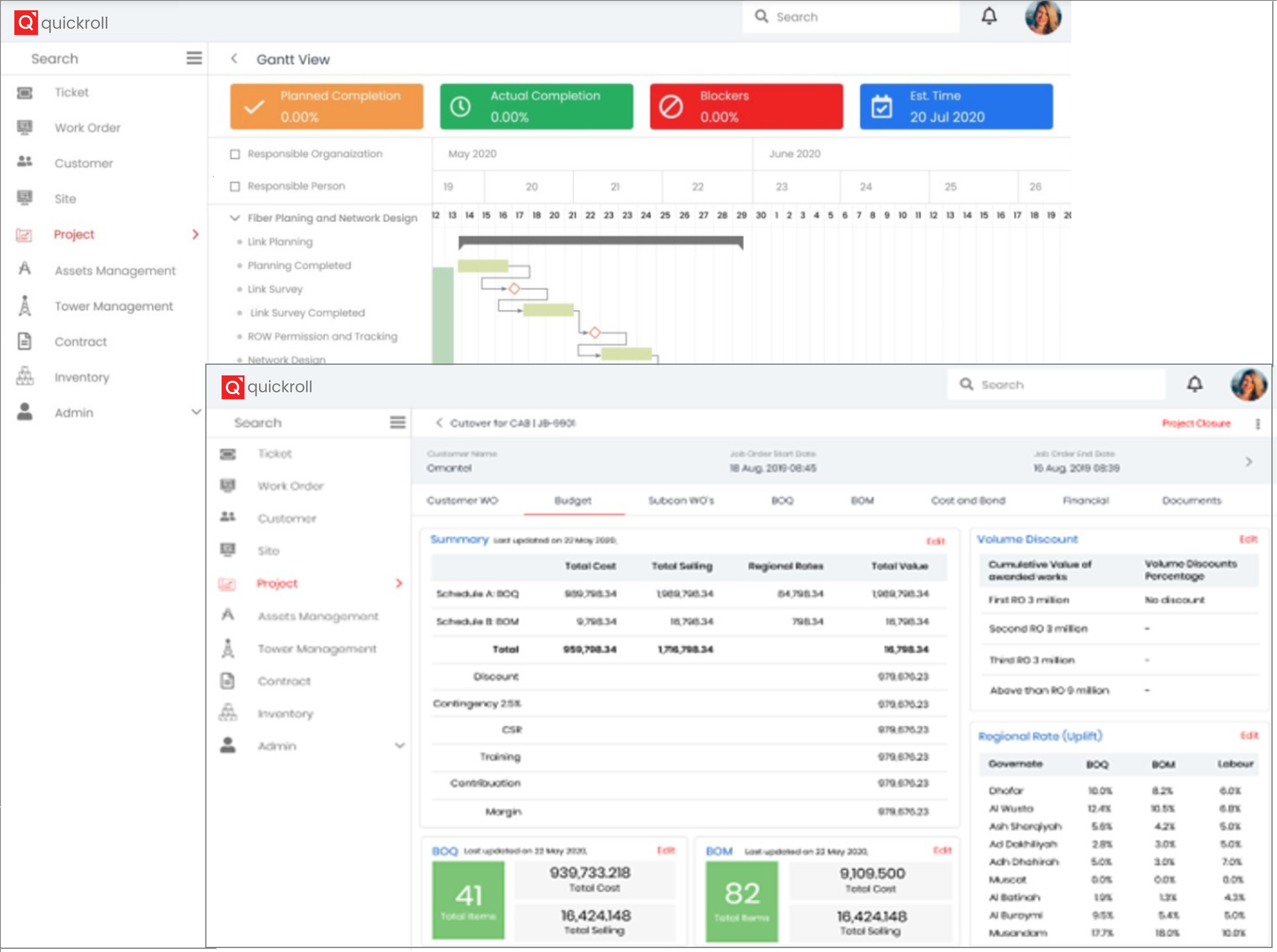 Dashboard view of Quickroll's project management tools, featuring Gantt charts, budget tracking, and detailed project summaries.