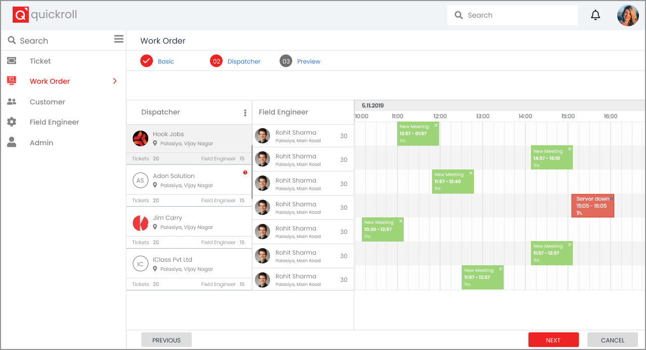 Quickroll interface showing a work order schedule for dispatchers and field engineers with tasks and meetings.