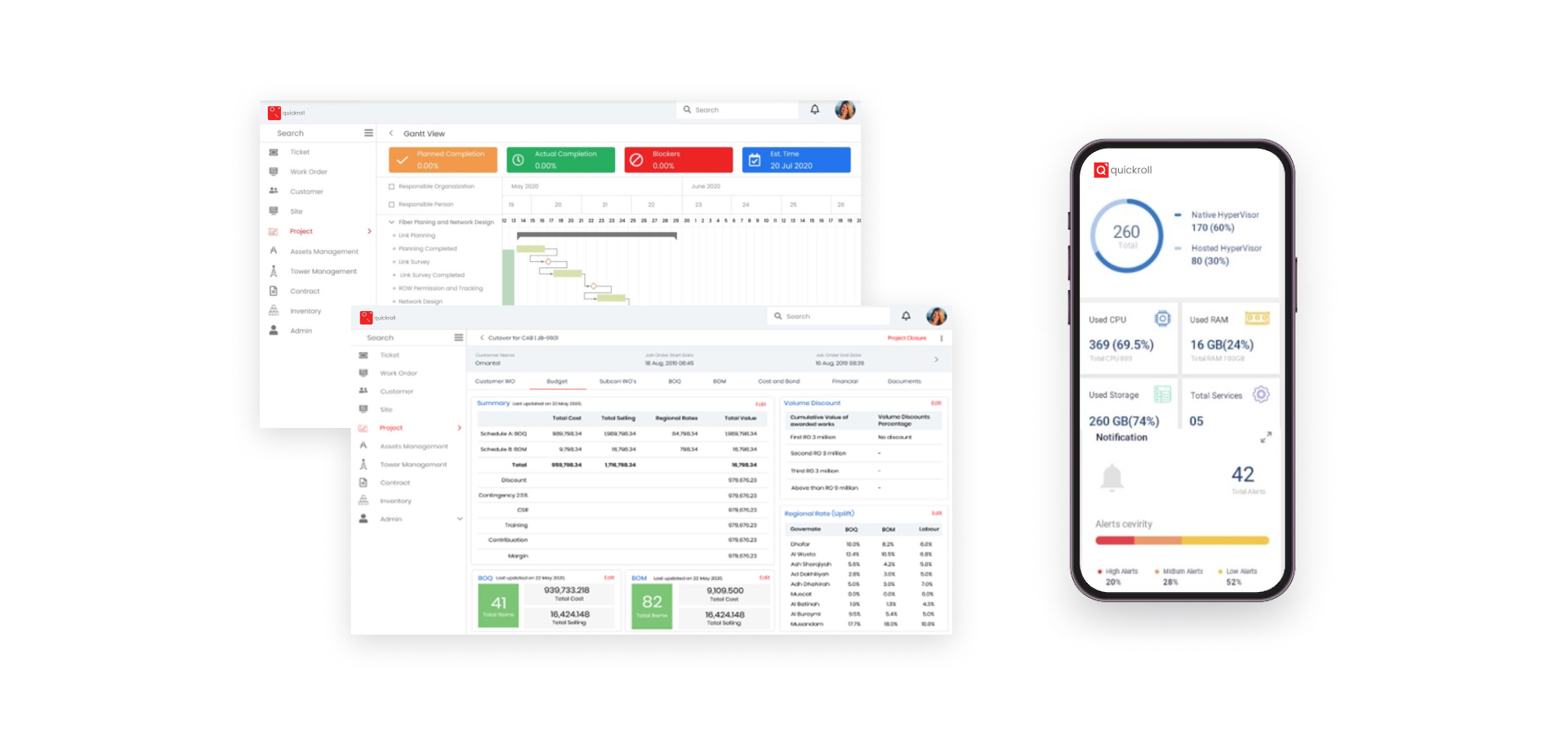 Dashboard view of project management tools on desktop and mobile, showcasing Gantt charts, budget tracking, and resource management.