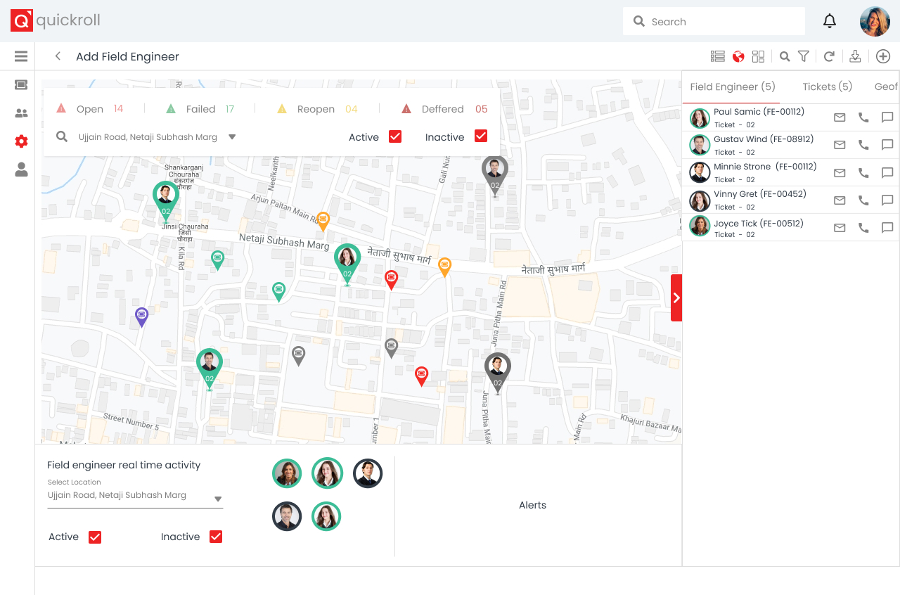 Map view of field engineer real-time activity in workforce management interface, showing active and inactive statuses.