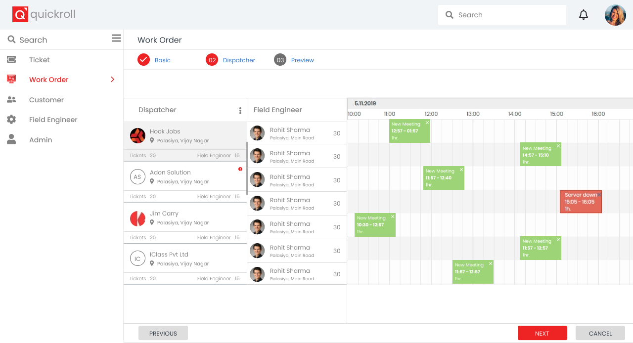 Workforce management interface showing dispatcher and field engineer schedules with task assignments.